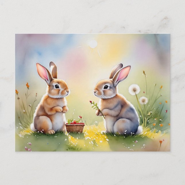 Bunny Brunch – Soft Watercolor Rabbits Postcard (Front)