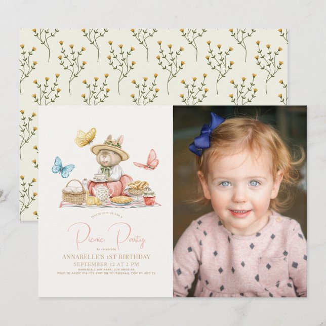 Bunny & Butterflies Picnic Girl 1st Birthday Photo Invitation (Front/Back)