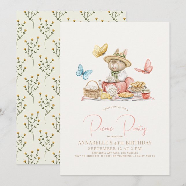 Bunny & Butterflies Picnic Tea Party Girl Birthday Invitation (Front/Back)