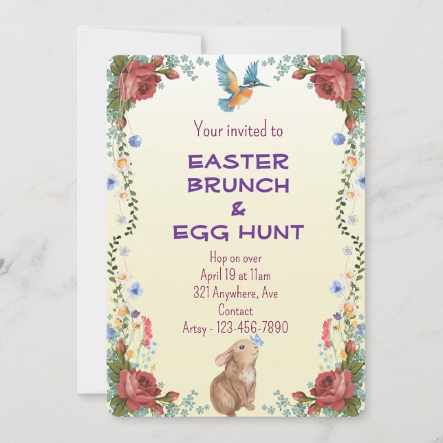 Bunny, Butterfly, Bird & Red Roses  Invitation (Front)