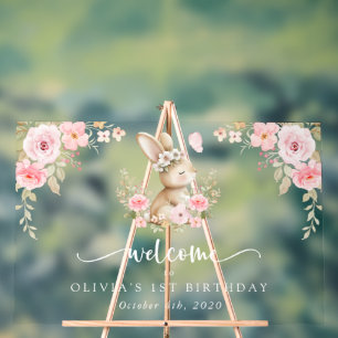 Bunny, Butterfly, Flowers, First Birthday Welcome Acrylic Sign