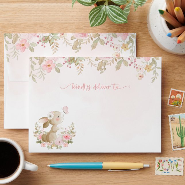Bunny, Butterfly, Pink Flowers, First Birthday Envelope (Desk)