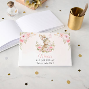 Bunny, Butterfly, Pink Flowers, First Birthday Guest Book