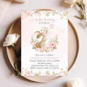 Bunny, Butterfly, Pink Flowers, First Birthday Invitation