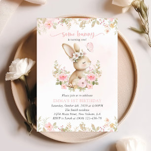 Bunny, Butterfly, Pink Flowers, First Birthday Invitation