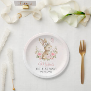 Bunny, Butterfly, Pink Flowers, First Birthday Paper Plate