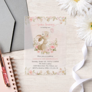 Bunny, Butterfly, Pink Flowers, First Birthday Vellum Invitations