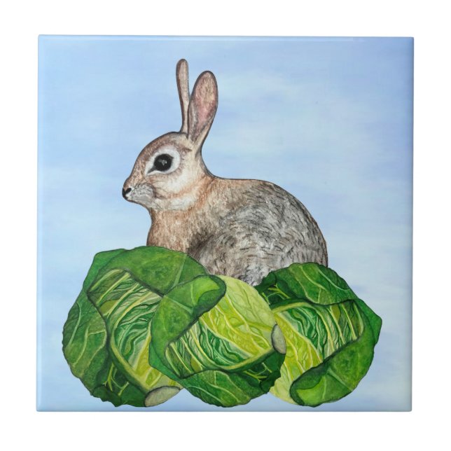Bunny Cabbage Blue Ceramic Tile (Front)