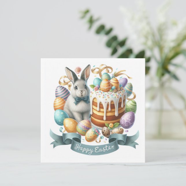 Bunny Cake Eggs Happy Easter Illustration  Holiday Card (Standing Front)