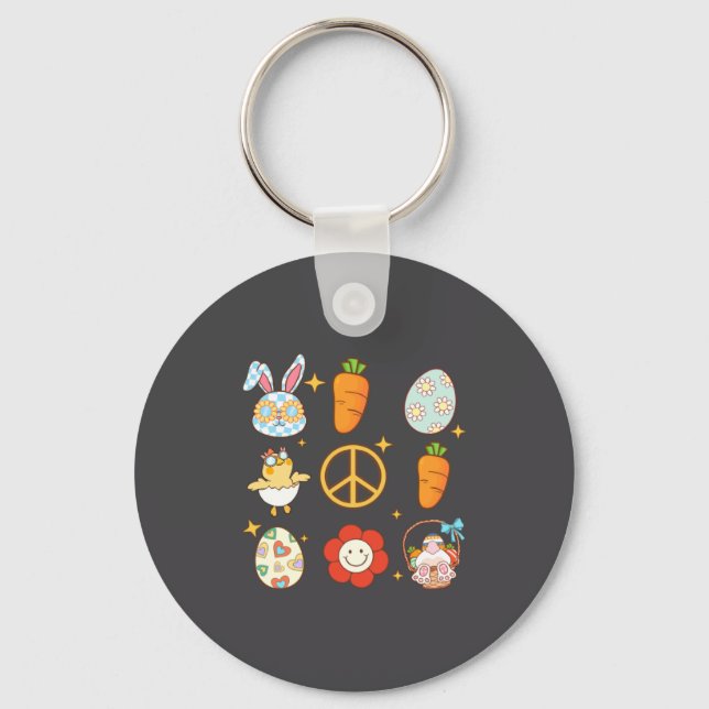 Bunny Carrot Easter Egg Retro Groovy Easter Day  Key Ring (Front)