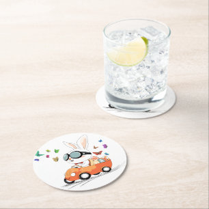Bunny Carrot Hopping Ride Round Paper Coaster