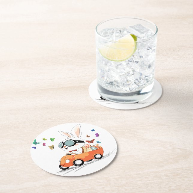 Bunny Carrot Hopping Ride Round Paper Coaster (Insitu)