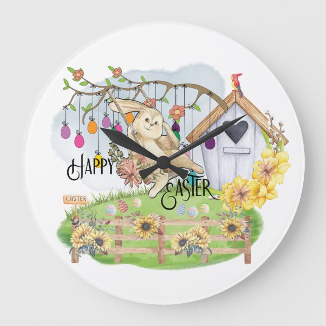 Bunny Celebrates Easter Day Large Clock (Front)