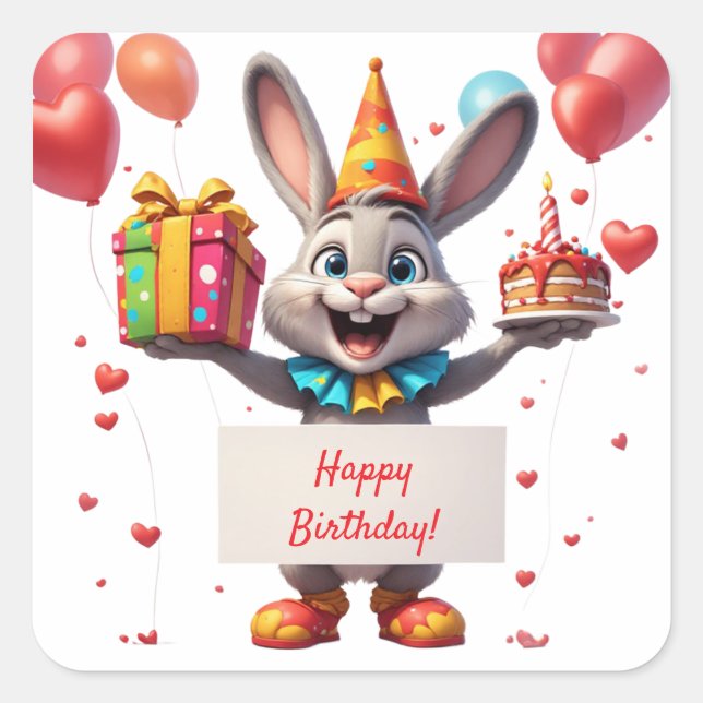 Bunny Celebration With Gift And Balloons 🐰 Square Sticker (Front)
