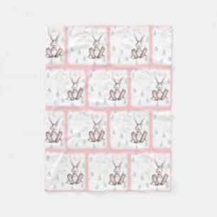 Bunny Clouds & Raindrops -Pink Fleece Blanket