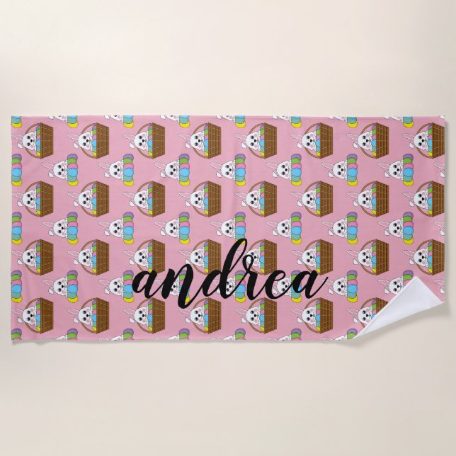 Bunny Colourful Easter EggHunt Basket | Personalis Beach Towel (Front)