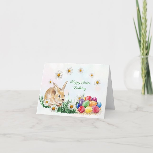 Bunny, colourful eggs, daisy Easter Birthday Holiday Card (Front)