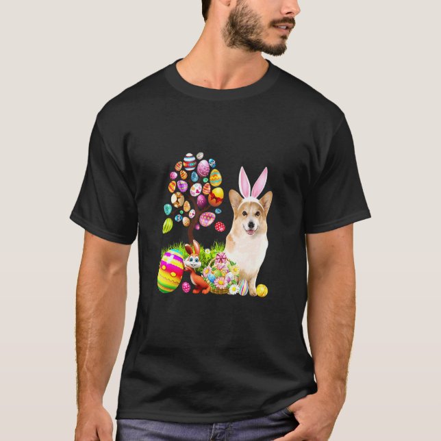 Bunny Corgi Dog Happy Easter Eggs Tree 2 T-Shirt (Front)
