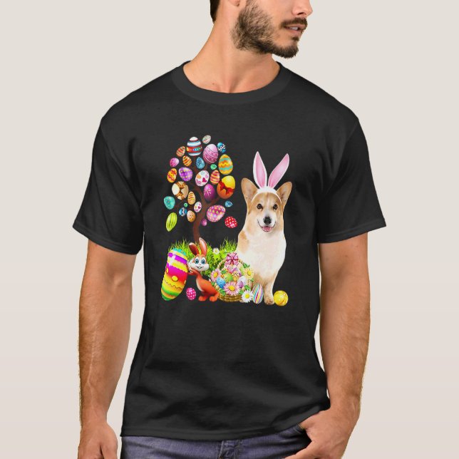 Bunny Corgi Dog Happy Easter Eggs Tree T-Shirt (Front)