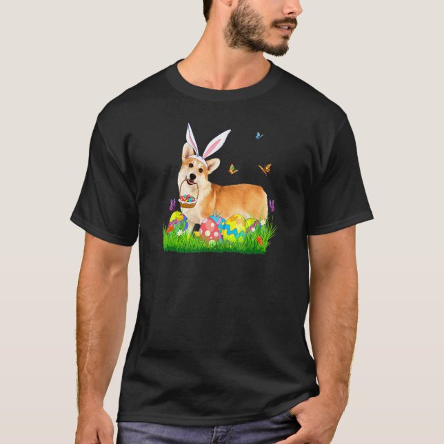 Bunny Corgi With Egg Basket Easter Hunting Egg T-Shirt (Front)
