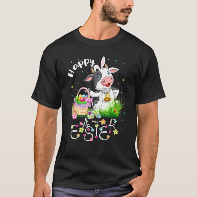 Bunny Cow Eggs Basket Easter Farmer T-Shirt (Front)