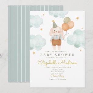 Bunny Cute Pink & Baloons Cloud Baby Shower Invitation