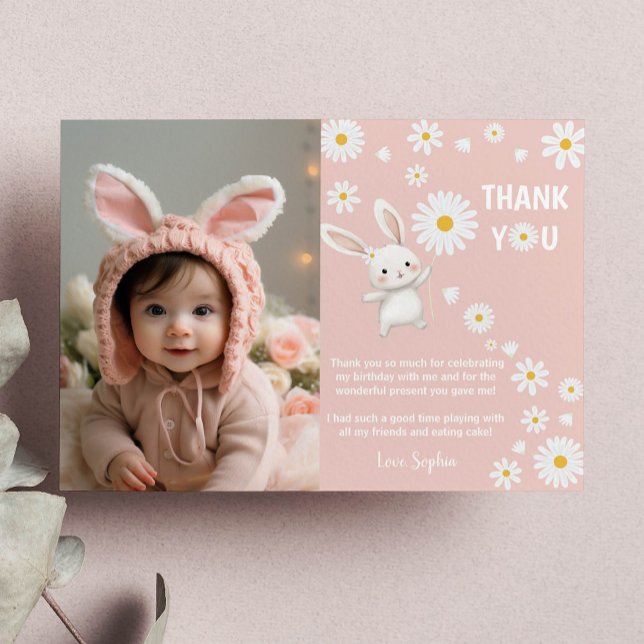 Bunny Daisy 1st Birthday Photo Thank You Card (Creator Uploaded)