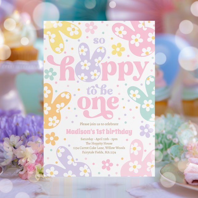 Bunny Daisy Floral Pastel Spring 1st Birthday Invitation (Creator Uploaded)