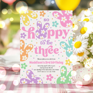 Bunny Daisy Floral Pastel Spring 3rd Birthday Invitation