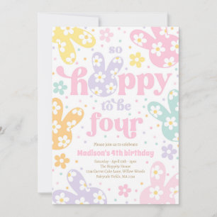 Bunny Daisy Floral Pastel Spring 4th Birthday Invitation