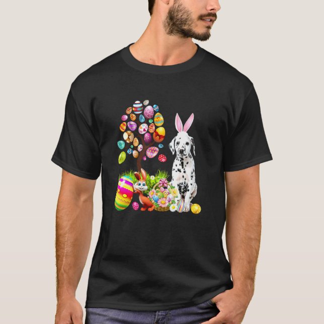 Bunny Dalmatian Dog Happy Easter Eggs Tree T-Shirt (Front)