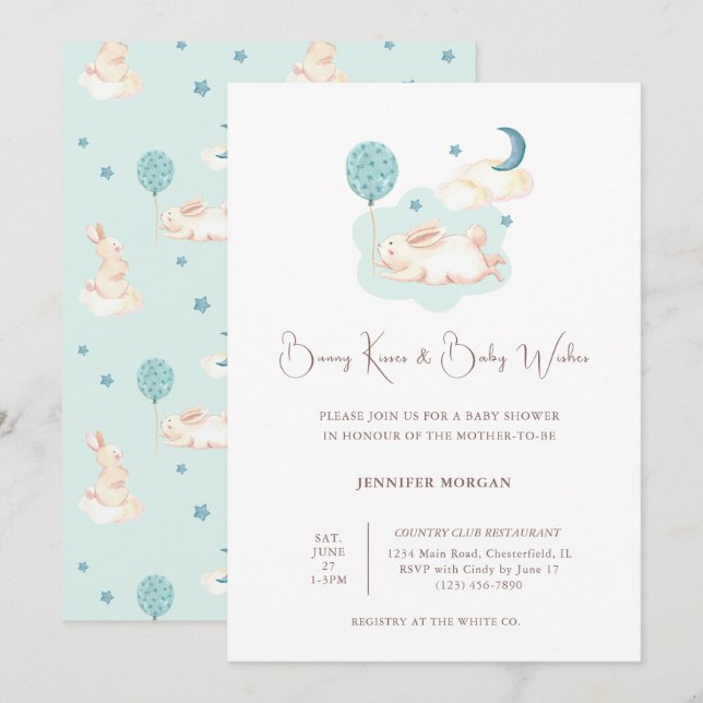 Bunny Dreams Blue Baby Shower Invitation (Front/Back)