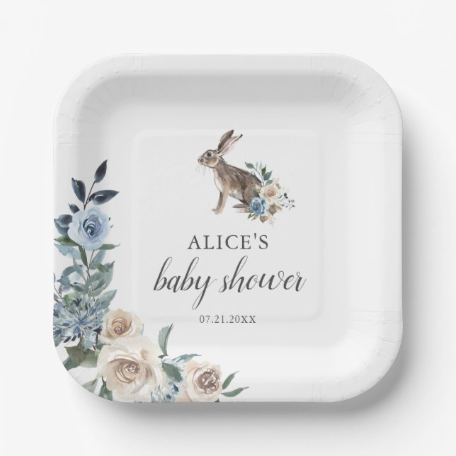 Bunny Dusty Blue Beige Flowers Baby Shower Paper Plate (Front)