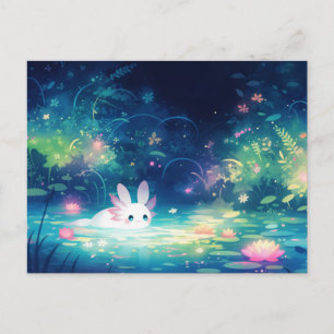 Bunny Ear White Axolotl in Magical Night Pond Postcard