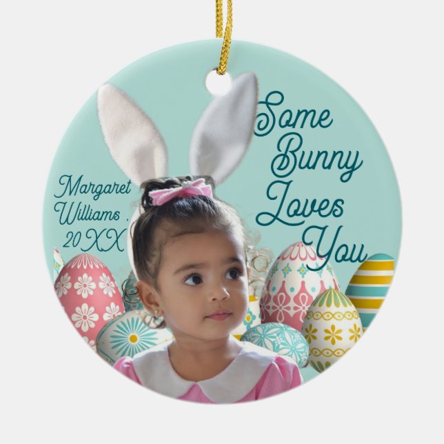 Bunny Ears Girl Photo Customise Blue  Ceramic Tree Decoration (Front)