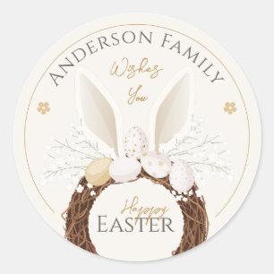 Bunny Ears Wreath Happy Easter Nest Ivory Gold Classic Round Sticker