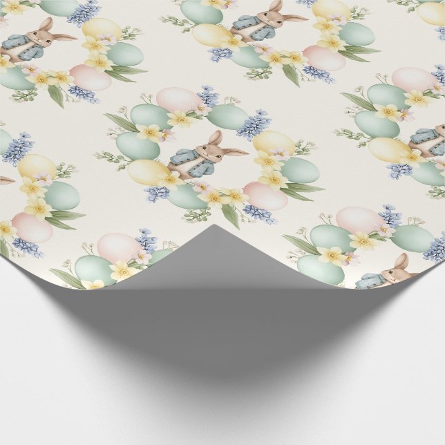 Bunny Easter Egg Floral Wreath Pastel Design Wrapping Paper (Corner)