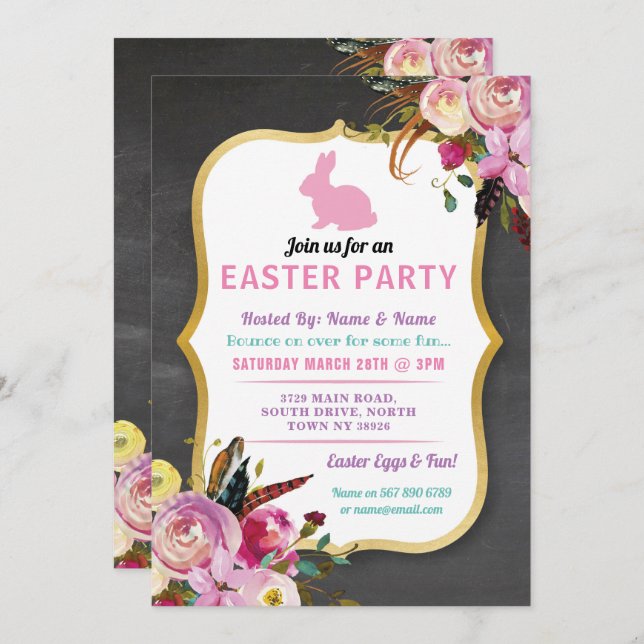 Bunny Easter Party Egg Hunt Invitation Florals (Front/Back)