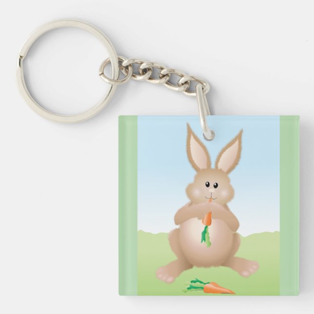 Bunny Eating Carrot Adorable Rabbit Key Ring (Front)