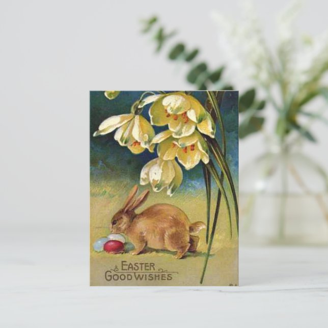 Bunny, Eggs, and Snowdrops, vintage 1910 Postcard (Standing Front)