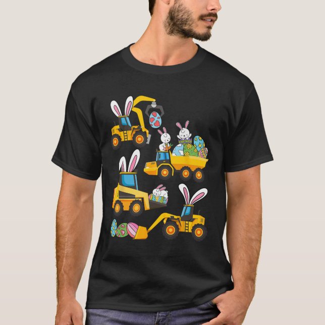 Bunny Eggs Construction Excavator Easter Day Boys  T-Shirt (Front)