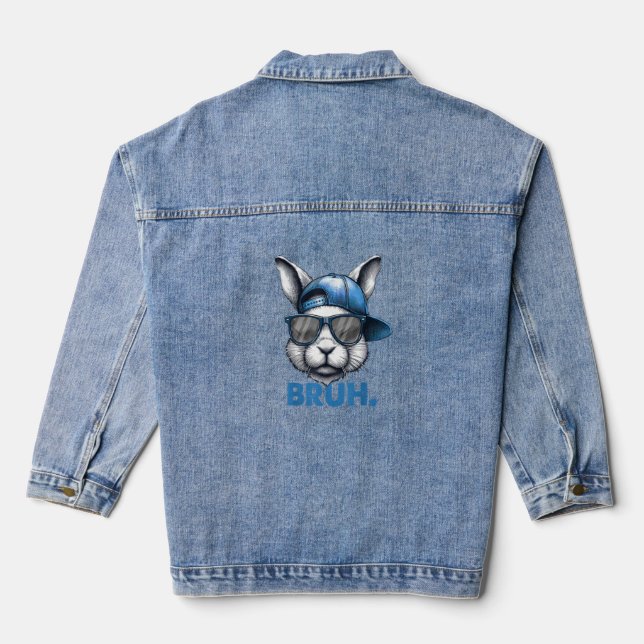Bunny Face Bruh Meme Funny Saying Bro Greeting Eas Denim Jacket (Back)