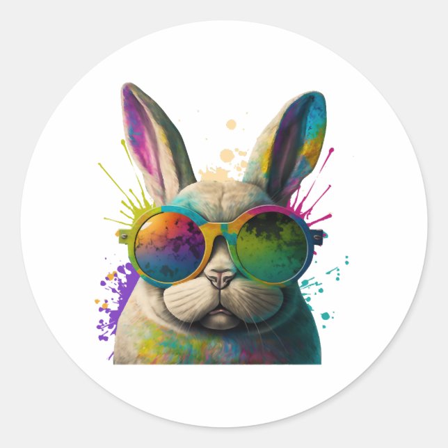 Bunny face Cool Easter Bunny with Glasses          Classic Round Sticker (Front)
