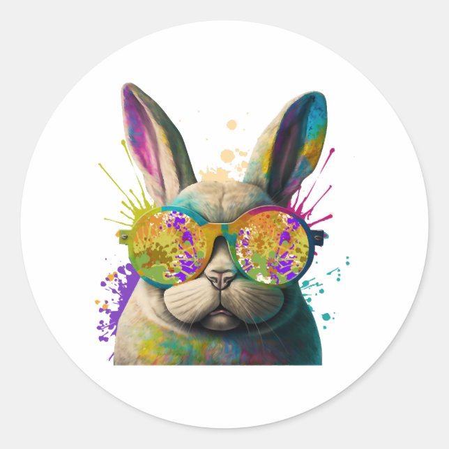 Bunny face Cool Easter Bunny with Glasses  Classic Round Sticker (Front)