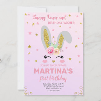 Bunny face girl birthday invitation, invite. invitation