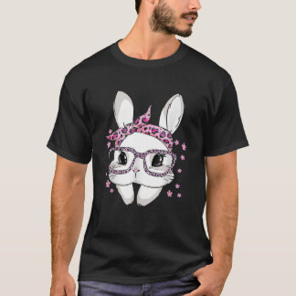 Bunny Face Glasses Headband Leopard Easter Day Gir T-Shirt