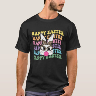 Bunny Face Leopard Glasses Bubble Gum Happy Easter T-Shirt