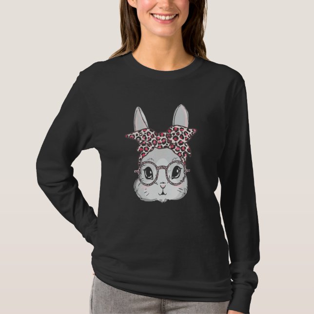 Bunny Face Leopard Glasses Headband Happy Easter D T-Shirt (Front)