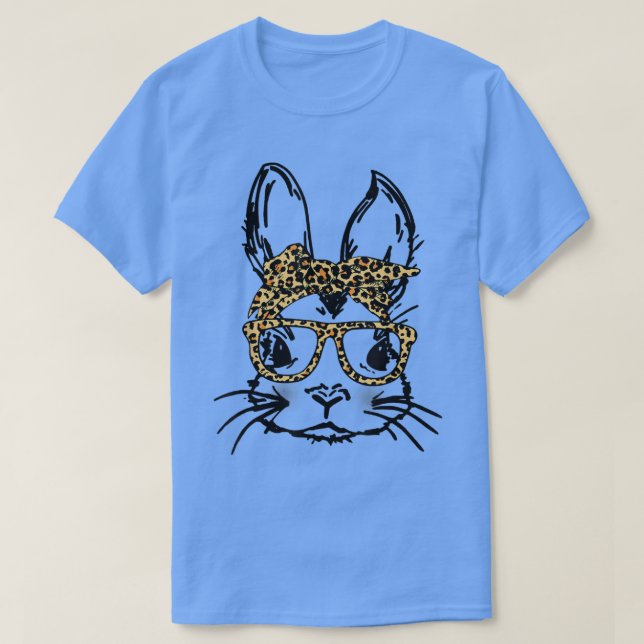 Bunny Face Leopard Messy Bun Sunglasses Bandanna E T-Shirt (Design Front)