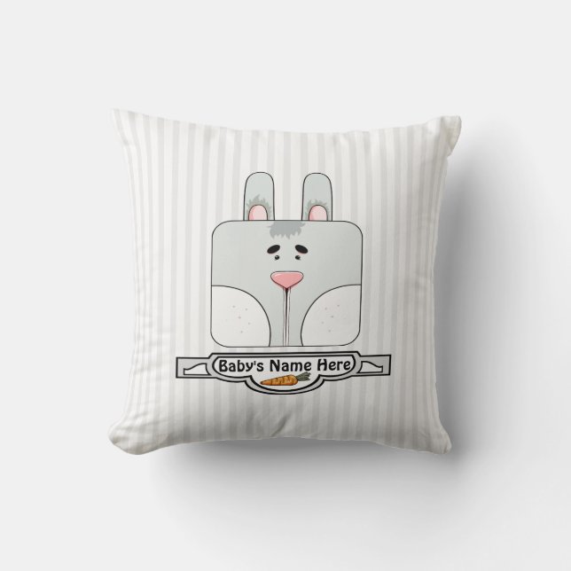 Bunny Face on Stripes - Grey (Personalised) Cushion (Front)